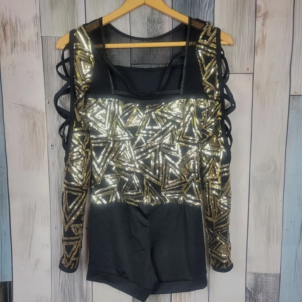 Weissman Black and Gold Geometric Sequin Unitard Dance Acro Costume size SA - Picture 4 of 6